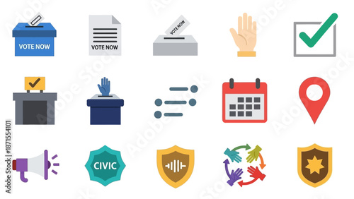 A comprehensive set of flat design icons representing voting, elections, civic duties, and community engagement, suitable for political and governmental themes.