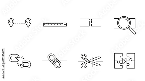 A collection of eight line icons representing concepts like distance, measurement, separation, search, connection, disconnection, cutting, and puzzle pieces.
