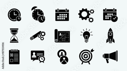 Collection of black silhouette icons representing business, time management, planning, strategy, and productivity concepts on a white background.