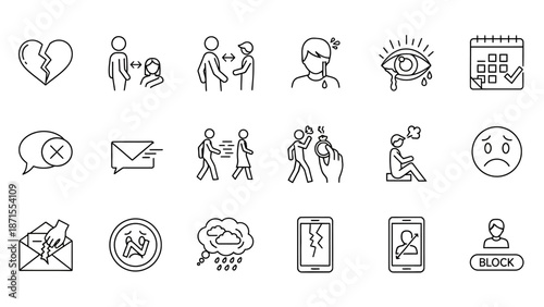 The image depicts a comprehensive set of line icons illustrating various aspects of negative emotions, relationship problems, communication breakdowns, and mental health struggles.