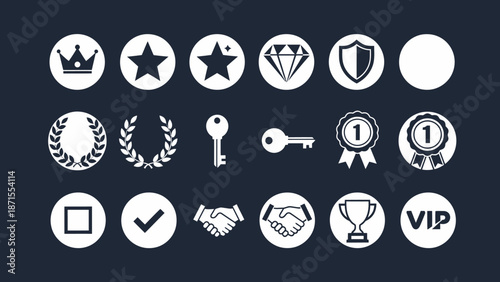 Collection of white achievement, success, security, and partnership icons on a dark background.
