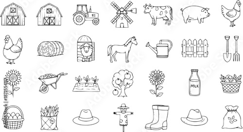Hand Drawn Farm and Agriculture Elements Set: Barns, Animals, Crops, Tools, and Equipment in Doodle Outline Style