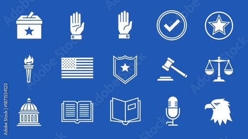 Collection of white government, law, and patriotic icons on a blue background, representing American democracy and justice.