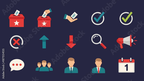 A collection of flat design icons representing voting, political processes, communication, and general user interface actions on a dark background.