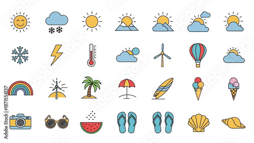 A vibrant collection of weather and summer vacation themed line icons with colorful fills, depicting various elements like sun, clouds, snow, lightning, beach items, and travel accessories.