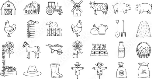 Hand-drawn Farm and Agriculture Icons Set. Doodle Sketch Illustrations of Barns, Animals, Tools, Crops, and Rural Elements