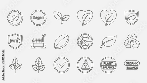 A collection of outline vector icons representing eco-friendly, vegan, organic, and sustainable products and concepts, including leaves, seeds, recycling, and environmental balance symbols.