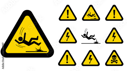 Collection of yellow triangular warning signs depicting various hazards including falling person, electrical shock, and general danger symbols.