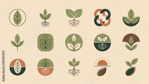 A collection of minimalist flat design icons depicting various plant, leaf, sprout, root, and seed motifs in earthy tones, symbolizing growth, nature, and sustainability.
