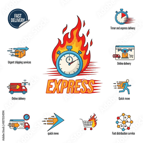 Set of express delivery and fast shipping service icons with various logistics symbols.