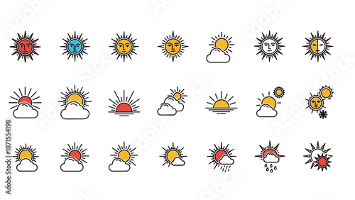 Collection of colorful sun and weather icons in a flat line style, depicting various sun expressions and weather conditions like clouds and rain.