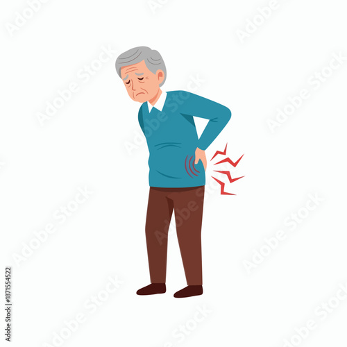 Elderly man experiencing severe back pain highlighting common health issues in old age.