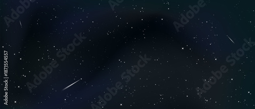 Dark starry sky features a glowing milky way galaxy with cosmic nebula dust. Beautiful night space universe with constellations and bright starlight creates a magic celestial vector background.