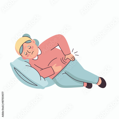 Elderly woman suffering from hip pain while sleeping.