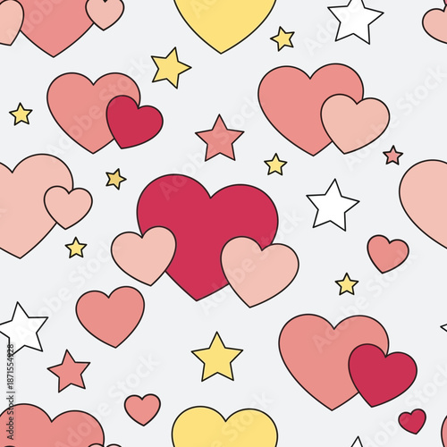Seamless Pattern of Pink Hearts and Yellow Stars on Light Blue Background