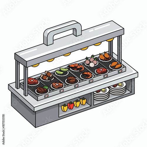 Isometric illustration of a buffet food warmer with various dishes.