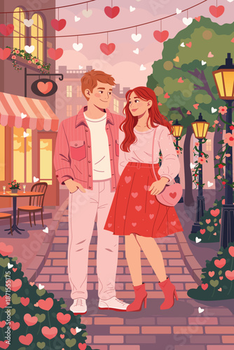 Vector poster illustration of a loving couple on a romantic street decorated for Valentine’s Day. Modern flat style, warm colors, cozy city atmosphere. Perfect for posters, cards, social media.
