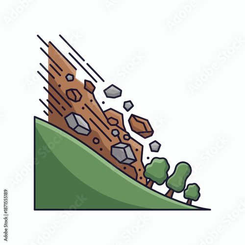 Landslide disaster with falling rocks and trees on a green hill.