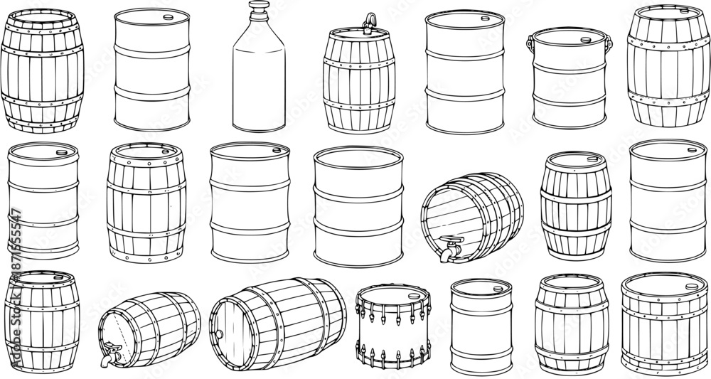 Εκτύπωση καμβά Detailed vector illustration set showcasing a variety of barrels and drums, including wooden wine casks, metal oil drums, and other storage containers in outline art style