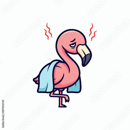 Sick Flamingo Cartoon Character Feeling Unwell with Fever and Towel.