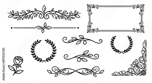Collection of black calligraphic floral dividers, vintage frame, corner ornament, and laurel wreaths for elegant wedding invitation or menu design.