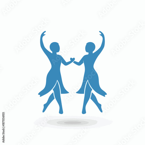 Two elegant dancers in blue silhouettes performing a graceful routine symbolizing harmony and movement.