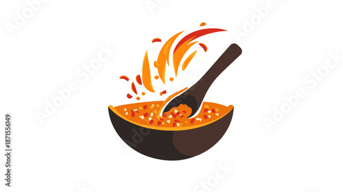 Frying Pan with Sizzling Food Inside.