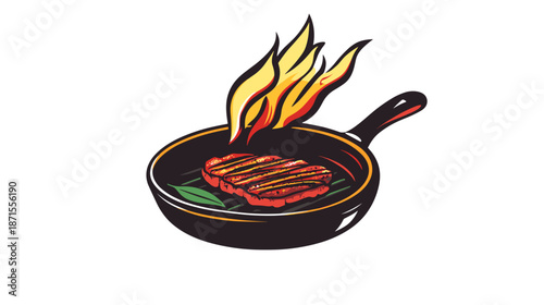 Grilled Steak Cooking in Frying Pan.
