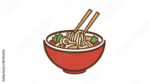Red Bowl with Noodles and Chopsticks.