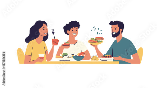 Three People Enjoying Meal Together.