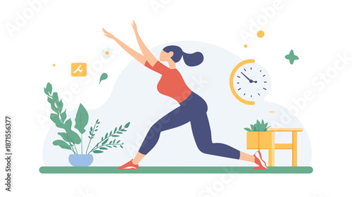 Woman in yoga pose with outstretched arms.