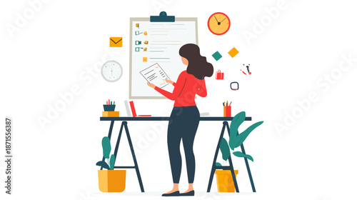 Woman Planning Project on Clipboard at Desk.