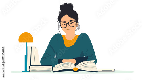 Woman reading a book with glasses.