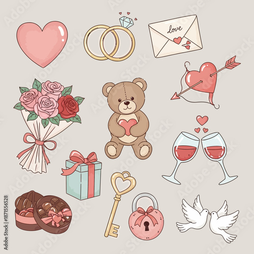 Valentine's Day Symbols: Hearts, Rings, Teddy Bear, Love Letter, Roses, Gift, Chocolates, Key, Lock, Doves