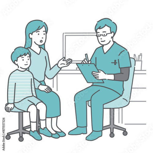 問診をする男性医師と男の子と母親（スクラブ・小児科・外科）