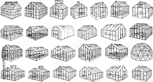 Hand-Drawn Sketch Illustration of Various Greenhouses and Glasshouses, a Collection of Architectural Designs for Gardening and Horticulture