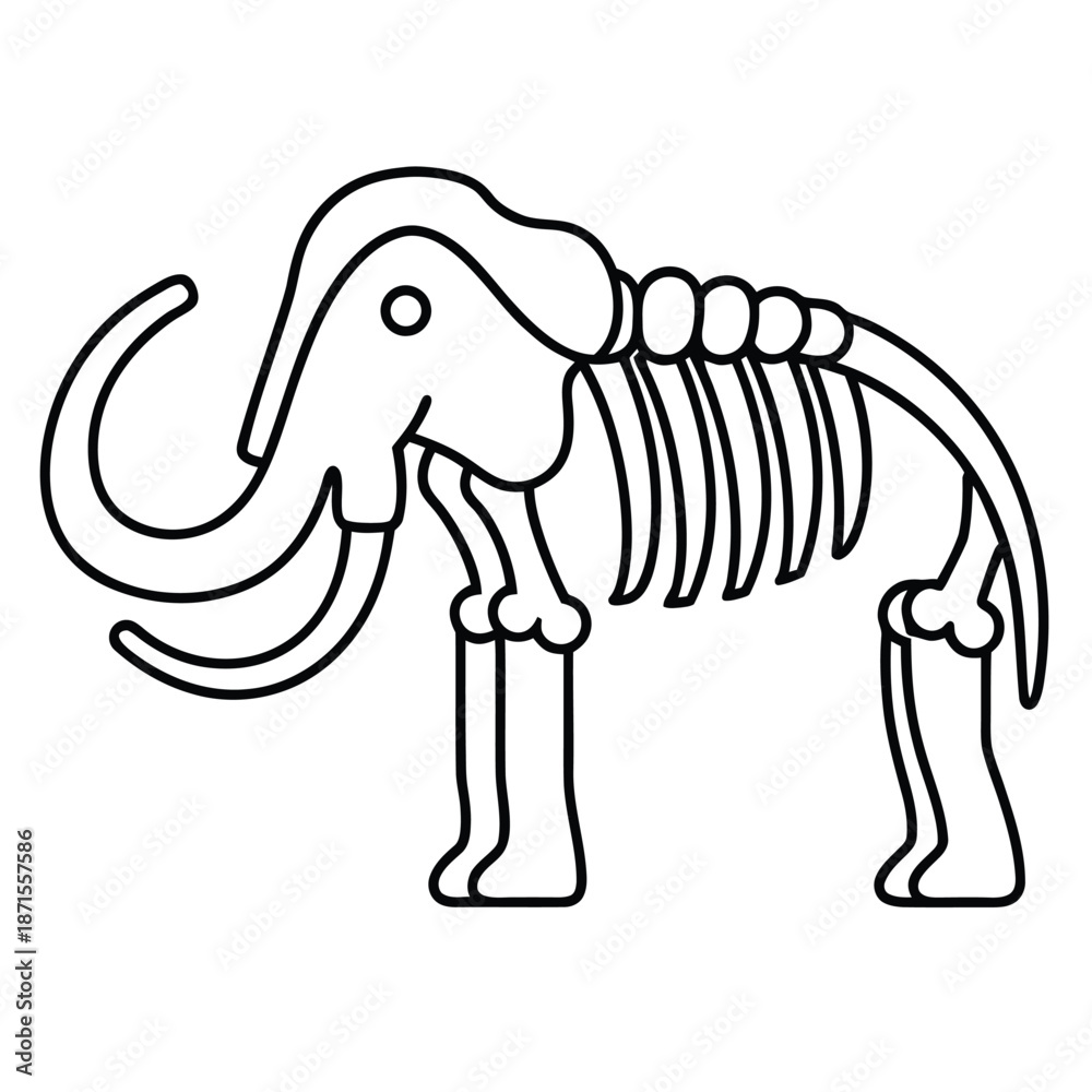 Fototapeta premium Simple black line art icon of a cartoon mammoth skeleton for educational use