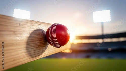 Close-up of cricket bat and ball impact moment during night match,Red cricket ball striking wooden bat with blurred stadium background,Hitting red cricket ball,Cricket bat hitting red ball