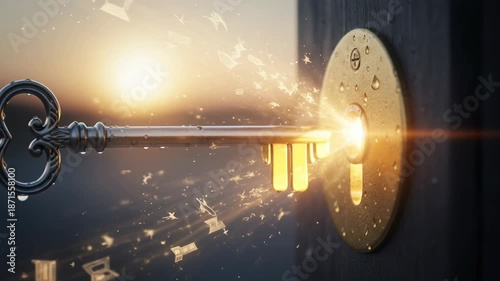 Antique key golden lock magic light sparkling dust dream glow sunrise bokeh mystery door fantasy concept hope opportunity imagination success