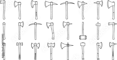 Variety of Axes and Tools Line Art Illustration: Collection of Hatchets, Pickaxes, Hammers, and More
