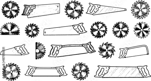 Saw Blades and Hand Saws Sketch Illustration: Carpentry Tools Variety