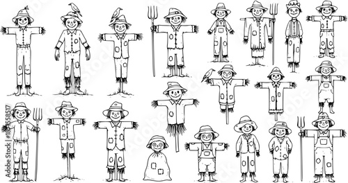 Collection of hand-drawn black and white outline scarecrows. Various cute doodle farm characters, some with pitchforks, in different poses for autumn and harvest themes.