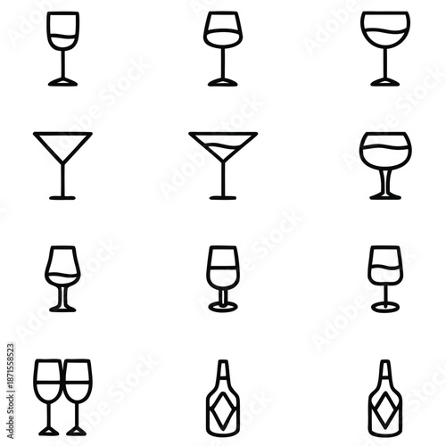 Collection of twelve black line icons representing various types of glassware and bottles for drinks