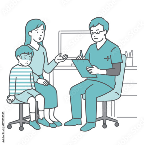 体調不良を訴える男の子と母親と男性医師（スクラブ・小児科・救急）