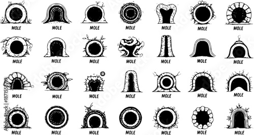 Set of various hand-drawn moleholes and molehills with different designs, black and white sketch style illustrations.