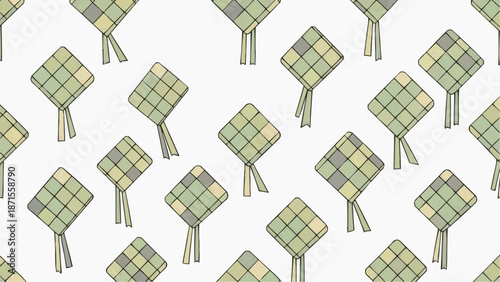 Repeating pattern of cartoon-style satay skewers on white background.