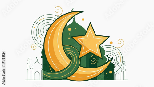 Islamic symbol with crescent moon and star on green background.