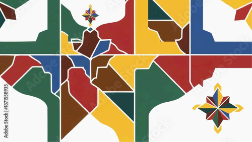 Colorful abstract geometric shapes forming a stylized map design.