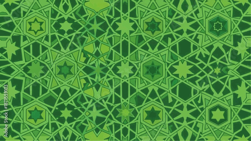 Intricate green geometric pattern with repeating stars and hexagons, creating a complex and mesmerizing tessellation design.