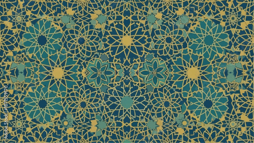 Intricate geometric pattern with teal, blue, and gold star-like motifs, reminiscent of traditional Islamic art and mosaic designs.
